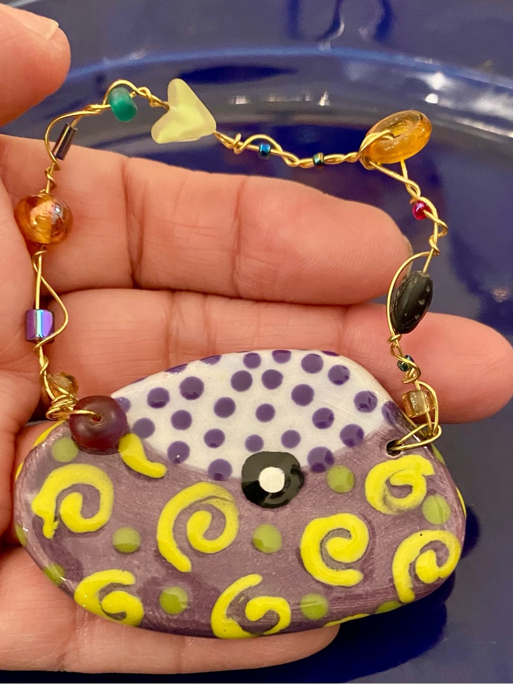 Handmade Clay Brooch With Cooper Wire And Different Beads Very Unusual